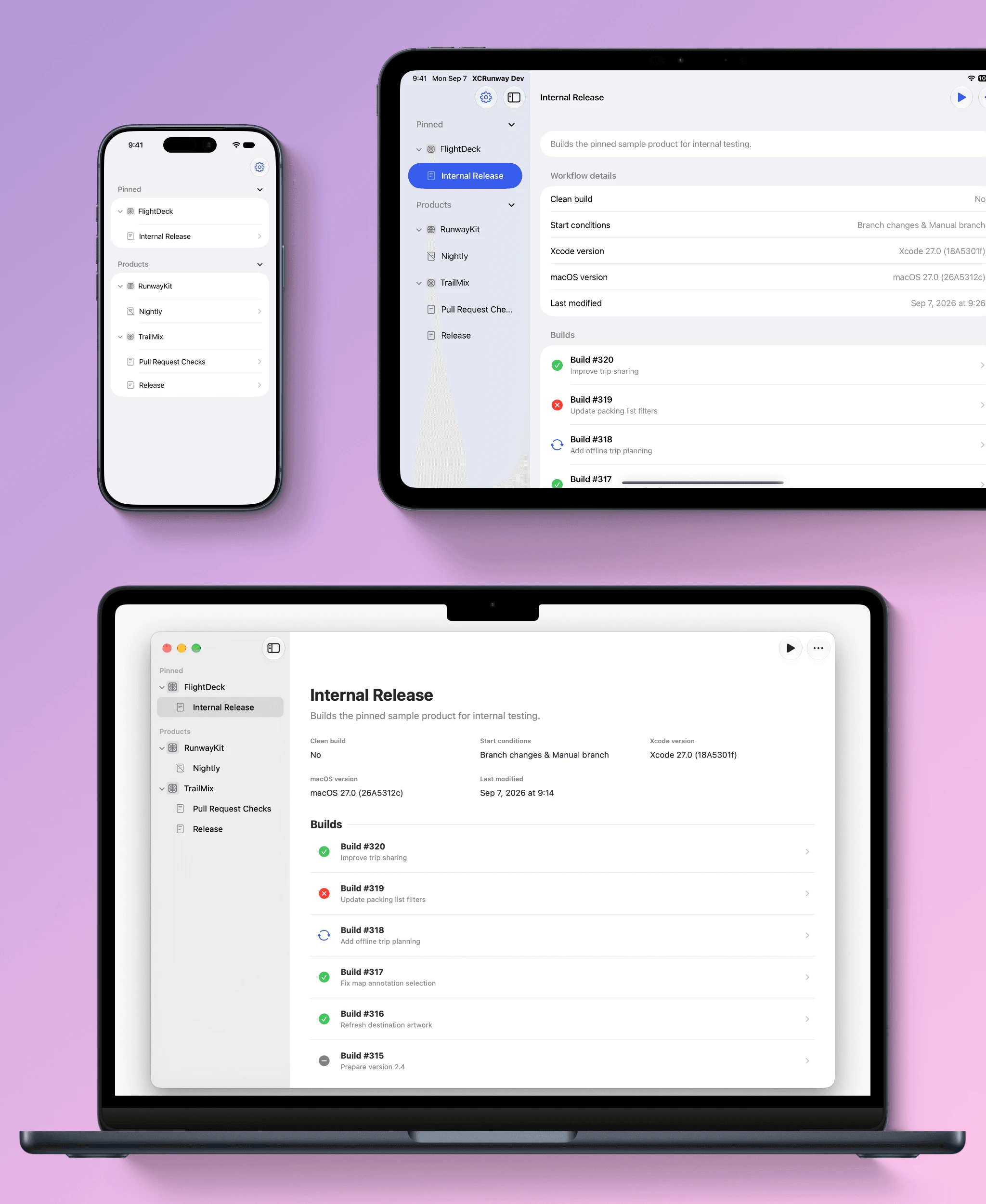 XCRunway on iPhone, iPad, and Mac showing workflows and recent Xcode Cloud builds