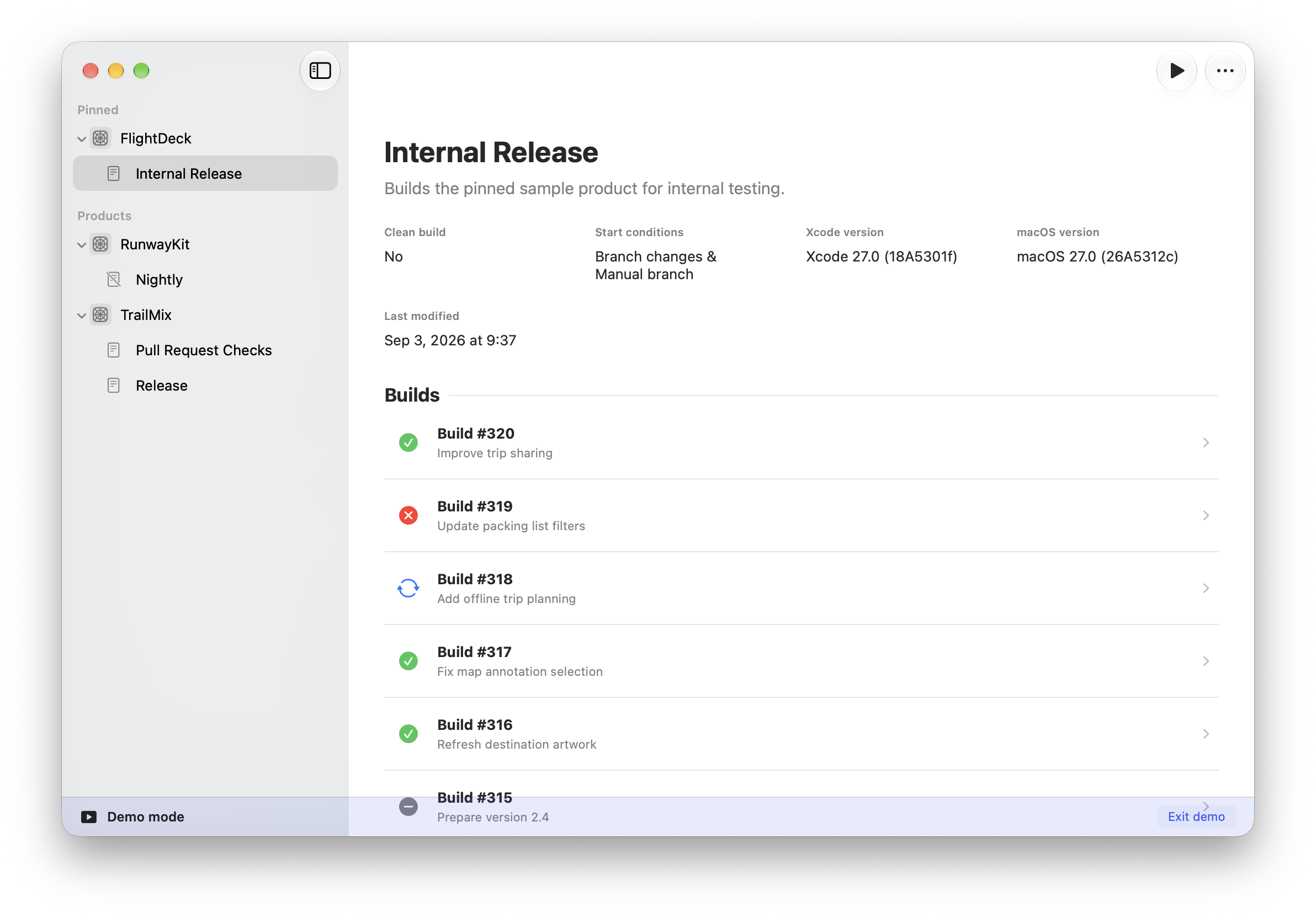 XCRunway on Mac showing a workflow and its recent Xcode Cloud builds